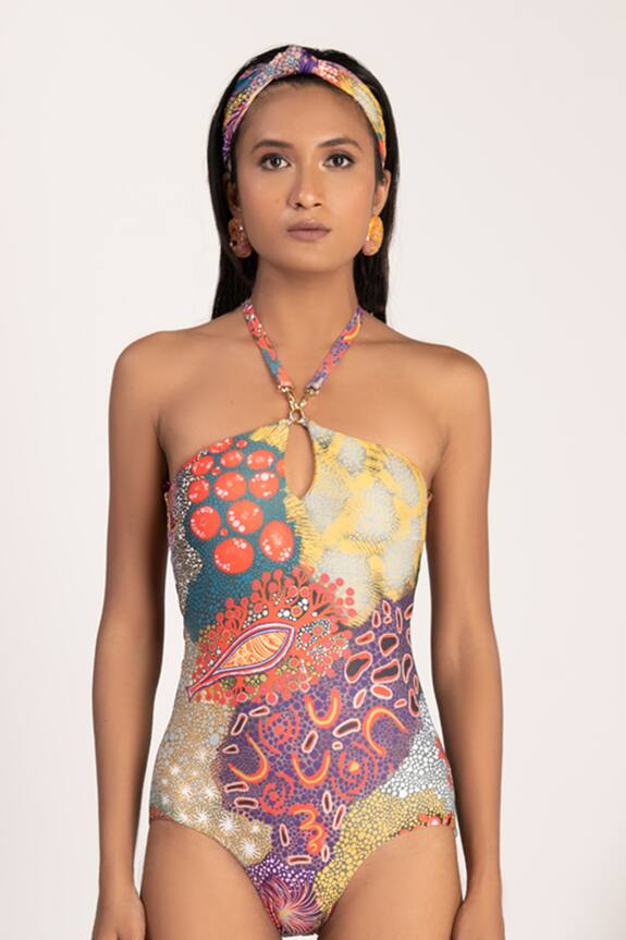Shivan & Narresh Multi Color Sustainable Econyl Swimwear Jersey Halter Printed Monokini 4