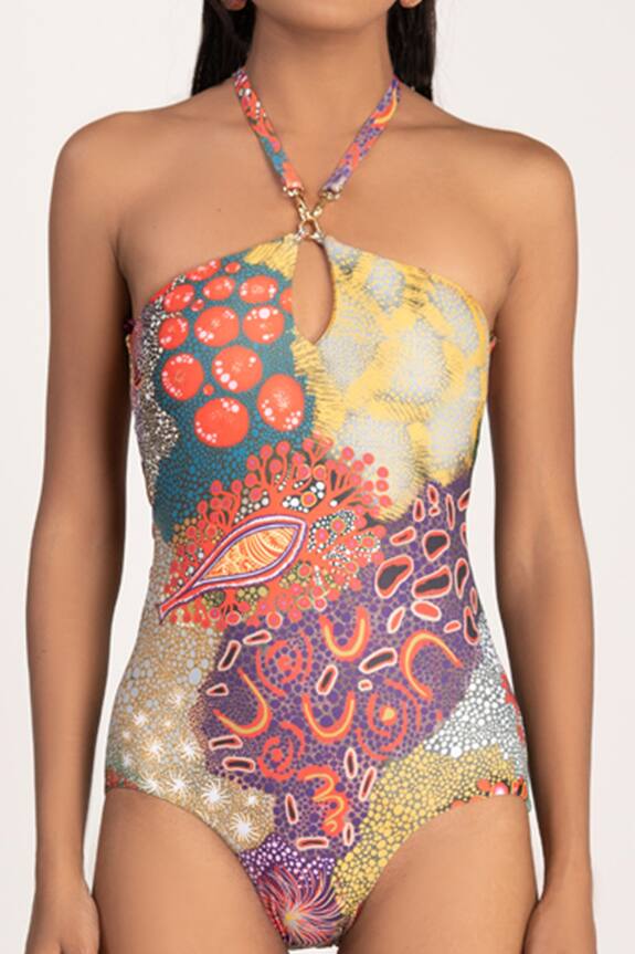 Shivan & Narresh Multi Color Sustainable Econyl Swimwear Jersey Halter Printed Monokini 5