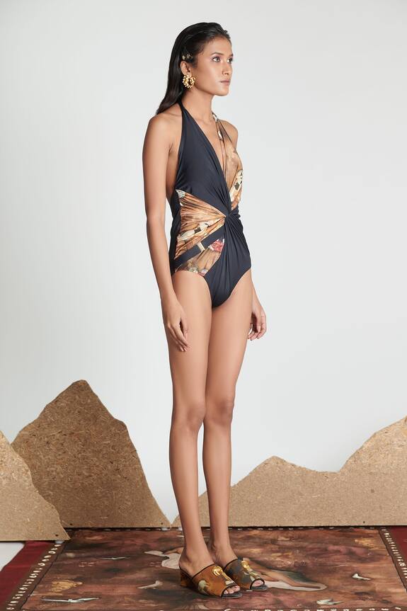 Shivan & Narresh Black Sustainable Econyl Swimwear Jersey Printed Halter Monokini 3
