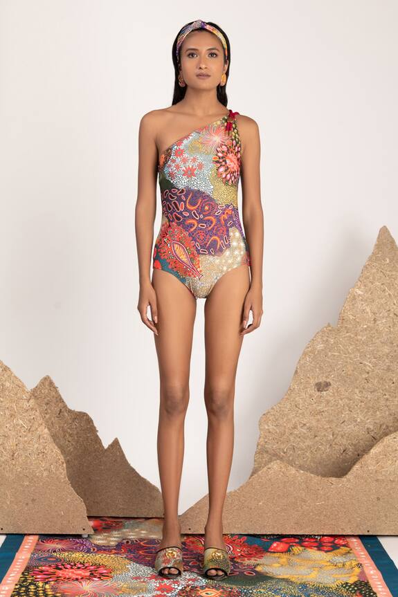 Shivan & Narresh Multi Color Sustainable Econyl Swimwear Jersey One Shoulder Monokini 1