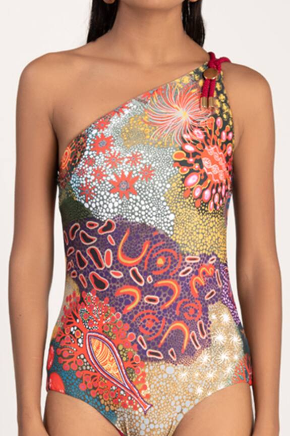 Shivan & Narresh Multi Color Sustainable Econyl Swimwear Jersey One Shoulder Monokini 5