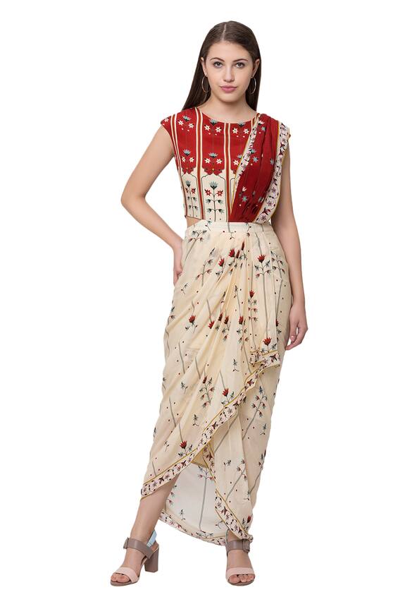 Soup by Sougat Paul White Crepe Printed Draped Saree Gown 3