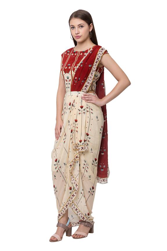 Soup by Sougat Paul White Crepe Printed Draped Saree Gown 4