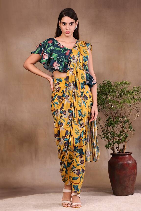 Soup by Sougat Paul Yellow Muslin Slub Printed Pre-draped Saree With Blouse 0