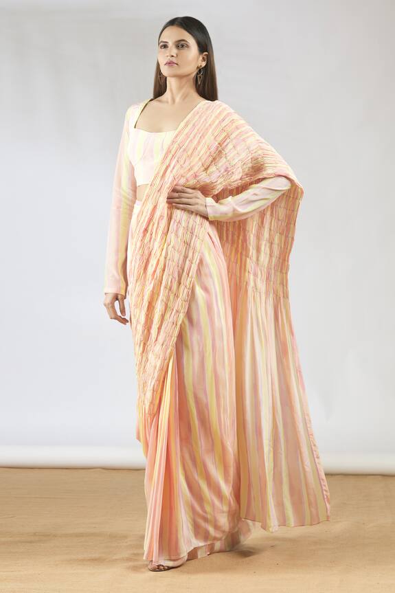 Vedika M Peach Crepe Pre-draped Saree With Blouse 0