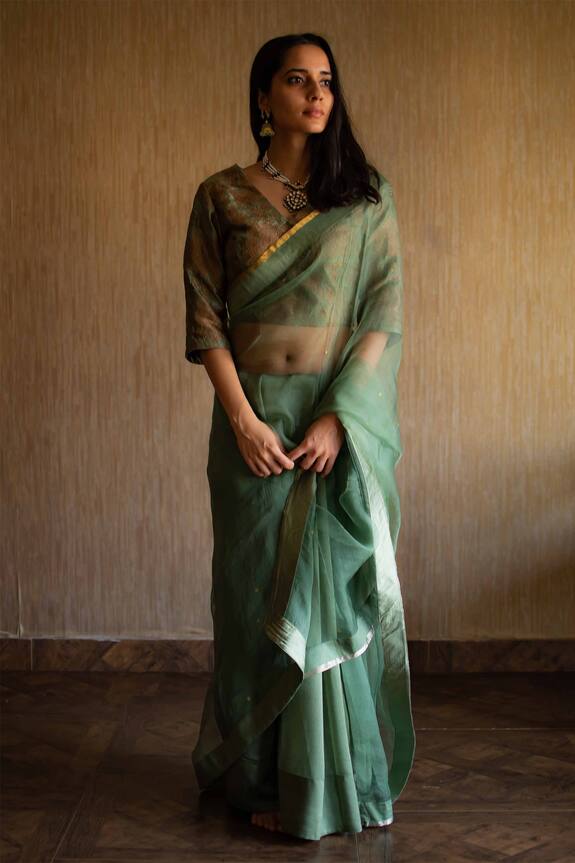 Shorshe Clothing Green Handloom Silk Organza Jamdani Chanderi Saree 0