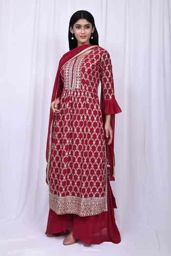 Maroon Muslin Silk Embroidered Anarkali suit with Beautiful Mukash work on organza Duppata main image 1