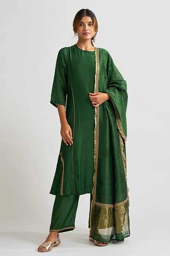 Green - Hand Batik Printed Cotton Kurta with Palazzo Set