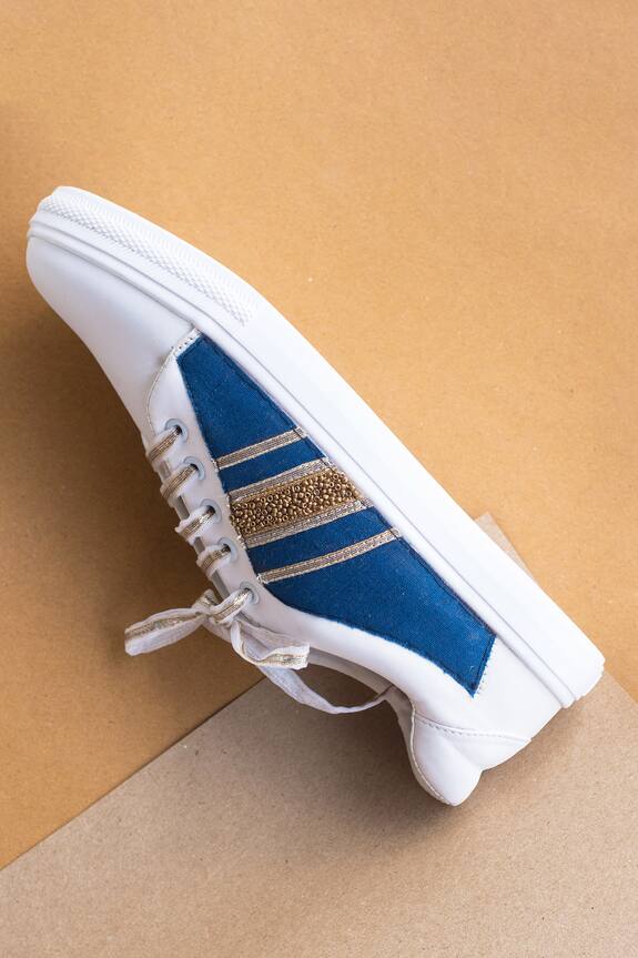 The Saree Sneakers Blue Faux Leather Patchwork Gota Sneakers 0
