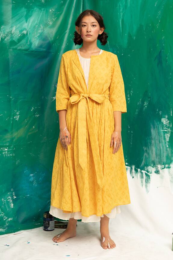 Suman Nathwani Yellow Kora Textured Cotton Long Jacket With Midi Dress 1