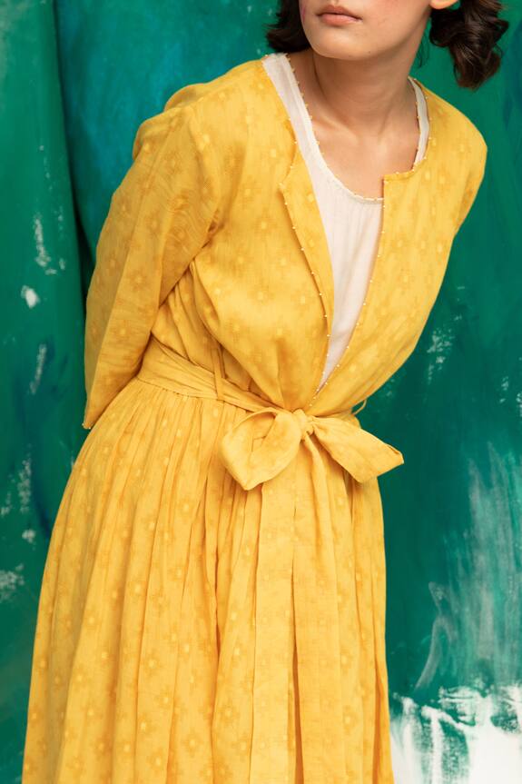 Suman Nathwani Yellow Kora Textured Cotton Long Jacket With Midi Dress 3