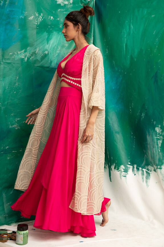 Suman Nathwani Pink Cotton Muslin Silk Blend Embroided Crop Top With Skirt 2