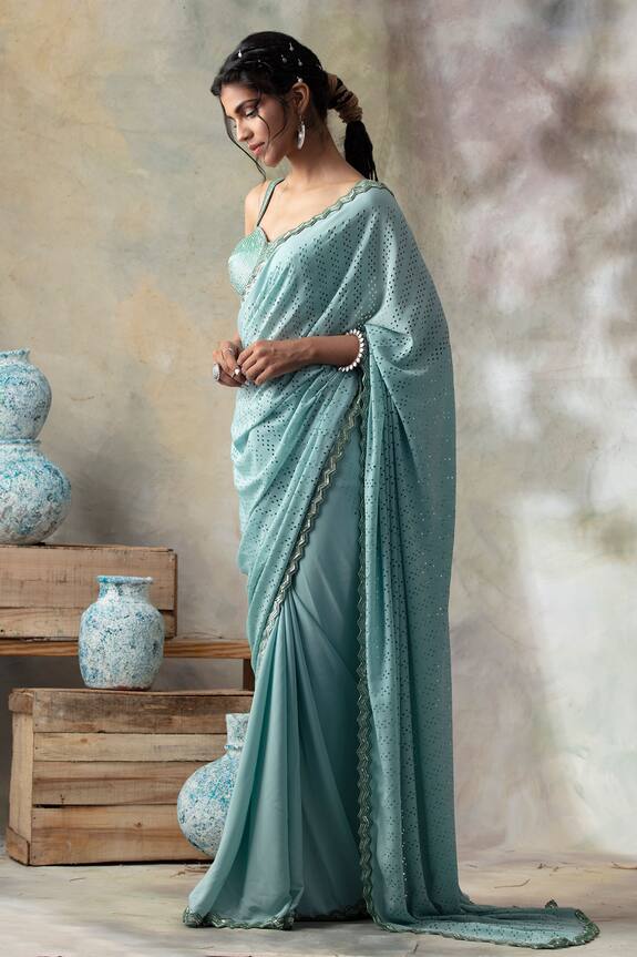 Buy Isha Mittal Blue Crepe Cutwork Saree With Bustier Online | Aza Fashions