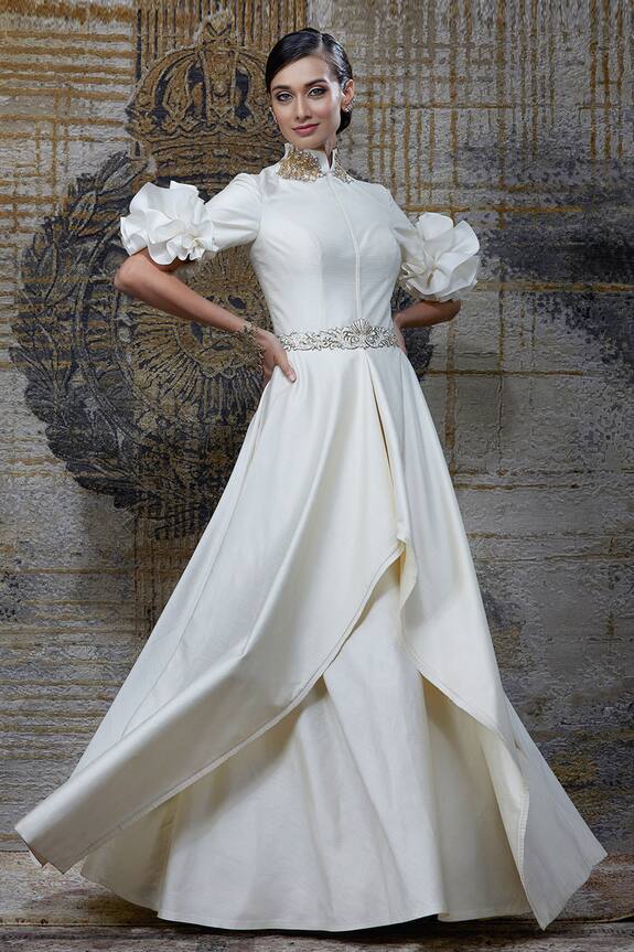 Shantnu Nikhil White Raw Silk Ruffle Layered Gown 0