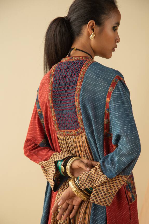 Sunira Designs Multi Color Silk Georgette Ajrakh Print Panelled Tunic 5