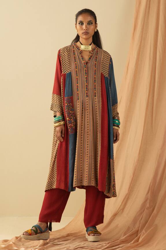 Sunira Designs Multi Color Silk Georgette Ajrakh Print Panelled Tunic 1
