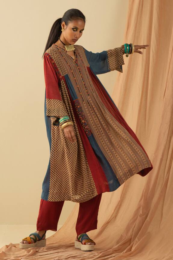 Sunira Designs Multi Color Silk Georgette Ajrakh Print Panelled Tunic 3