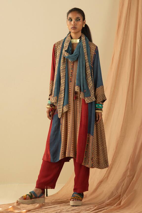 Sunira Designs Multi Color Silk Georgette Ajrakh Print Panelled Tunic 4