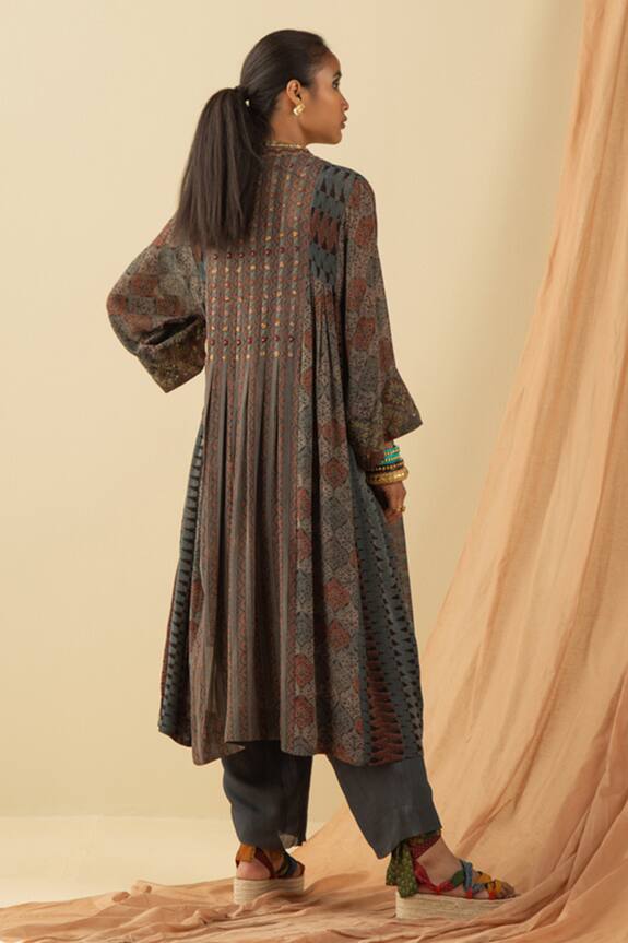 Sunira Designs Grey Silk Georgette Ajrakh Print Panelled Tunic 2