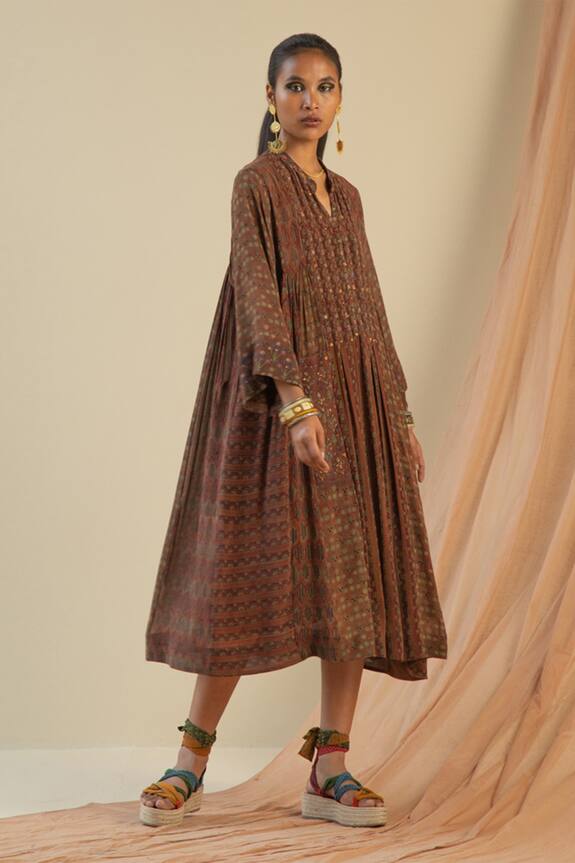 Sunira Designs Brown Silk Georgette Printed A-line Tunic 1