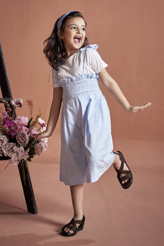 Little Luxury Blue Cotton Culotte Jumpsuit For Girls 0
