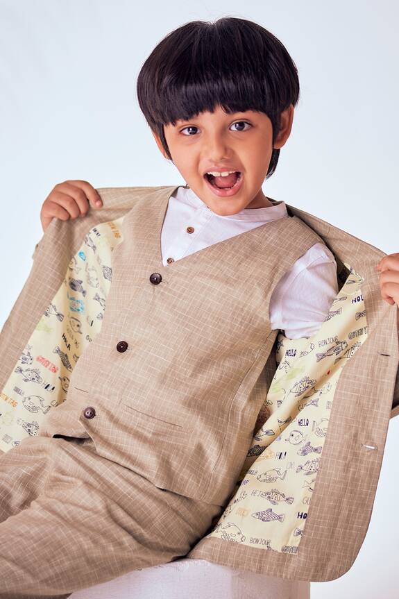 Little Luxury Brown Linen Checkered Jacket For Boys 4