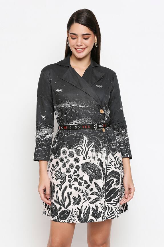 SO US by Sougatpaul Black Cotton Twill Overlap Printed Jacket Dress 1