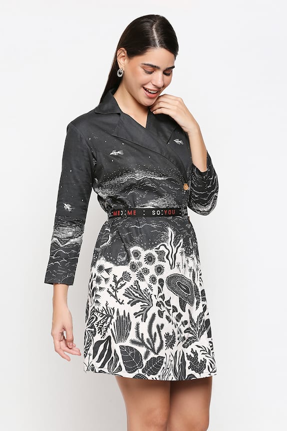 SO US by Sougatpaul Black Cotton Twill Overlap Printed Jacket Dress 3