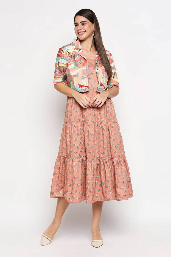 SO US by Sougatpaul Peach Cotton Twill Tiered Dress With Crop Jacket 1