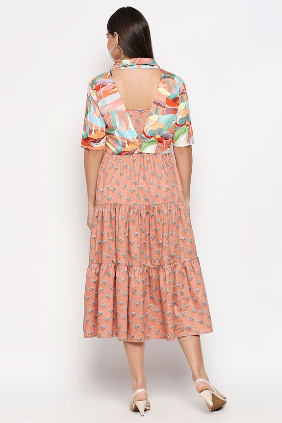 SO US by Sougatpaul Peach Cotton Twill Tiered Dress With Crop Jacket 2
