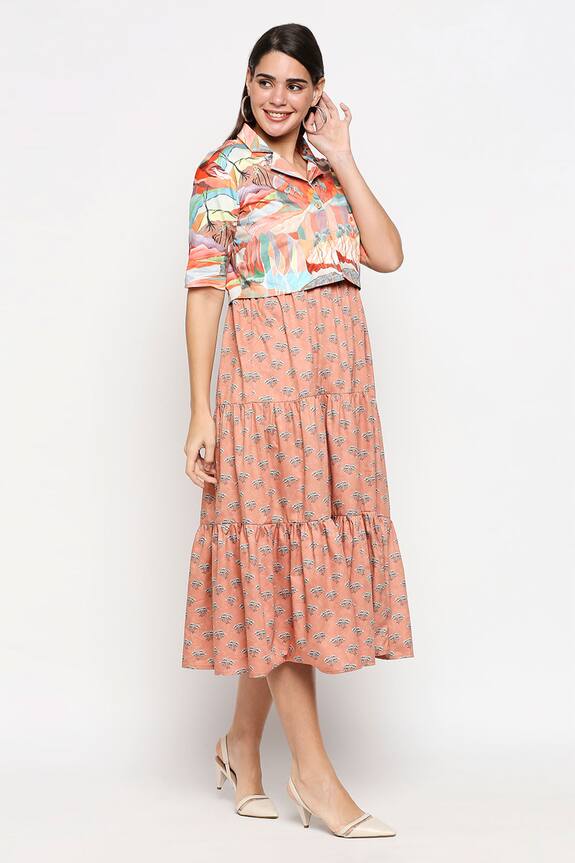 SO US by Sougatpaul Peach Cotton Twill Tiered Dress With Crop Jacket 3