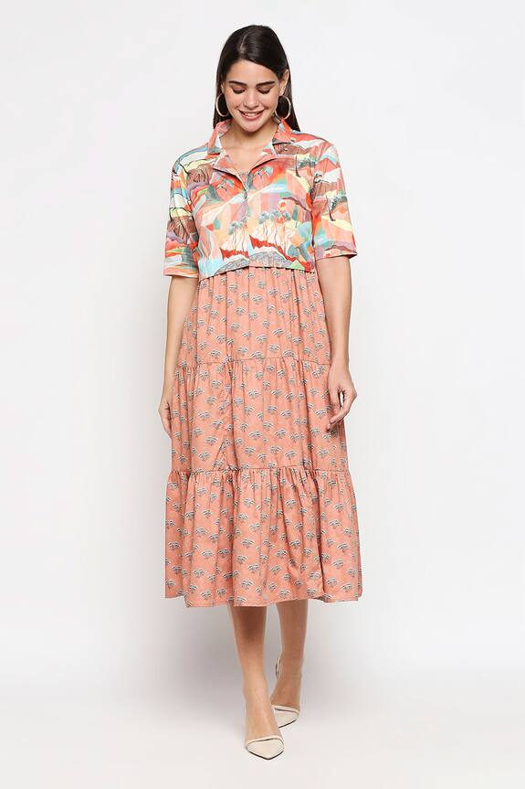 SO US by Sougatpaul Peach Cotton Twill Tiered Dress With Crop Jacket 4