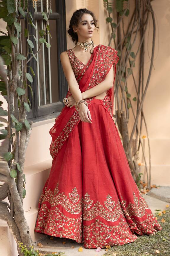 Astha Narang Red Blouse Embellished Silk Lehenga Set 3