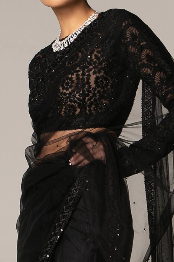 Siddartha Tytler Black Embellished Net Saree With Blouse 4