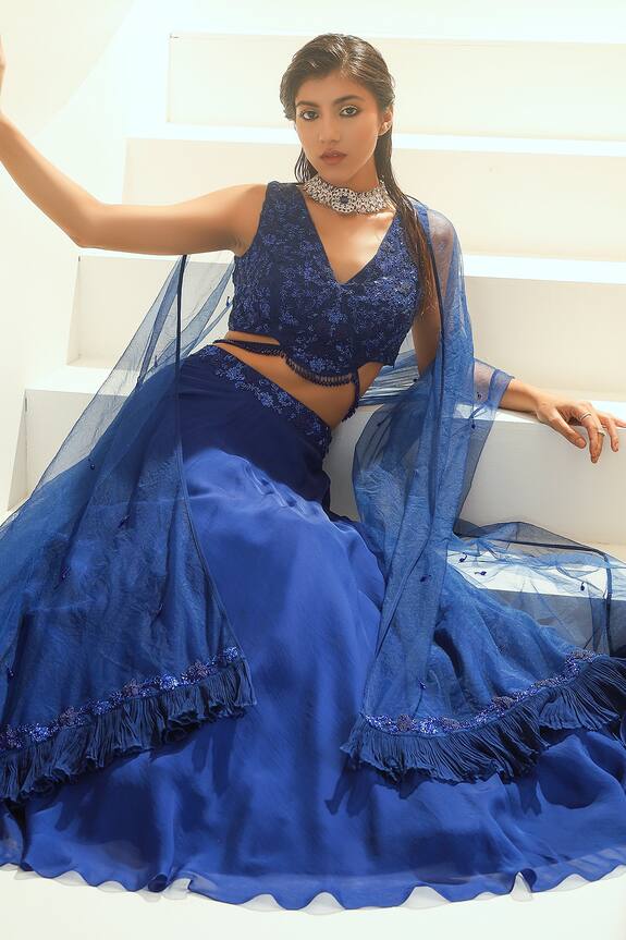 Seema Thukral Blue Georgette Floral Embellished Choli Lehenga Set 5