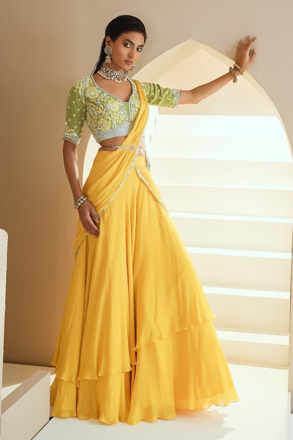 Buy_Seema Thukral_Yellow Georgette Draped Lehenga And Embroidered Choli Set_at_Aza_Fashions