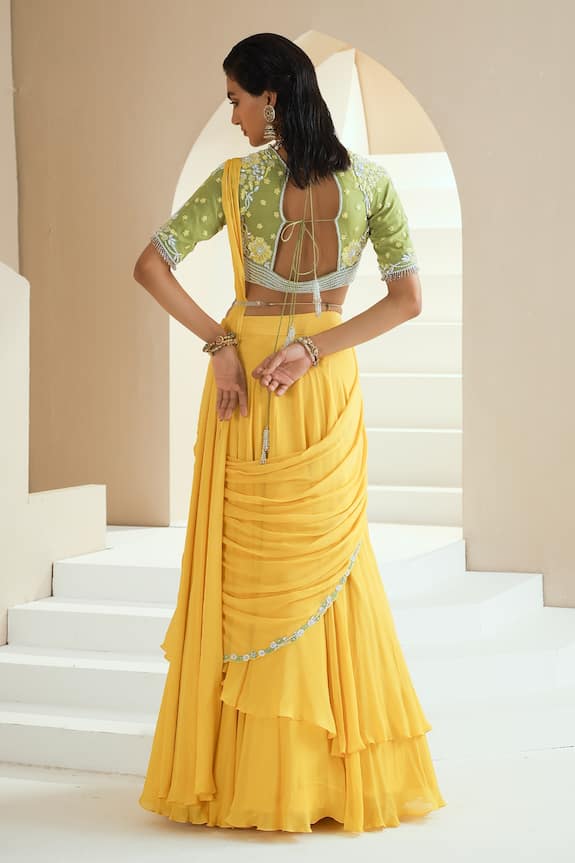Shop_Seema Thukral_Yellow Georgette Draped Lehenga And Embroidered Choli Set_at_Aza_Fashions