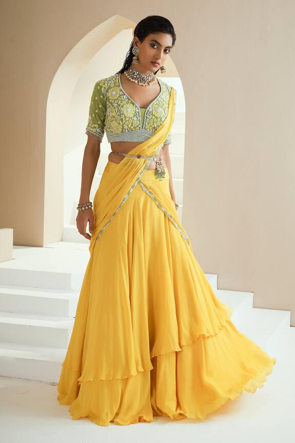 Seema Thukral_Yellow Georgette Draped Lehenga And Embroidered Choli Set_Online_at_Aza_Fashions
