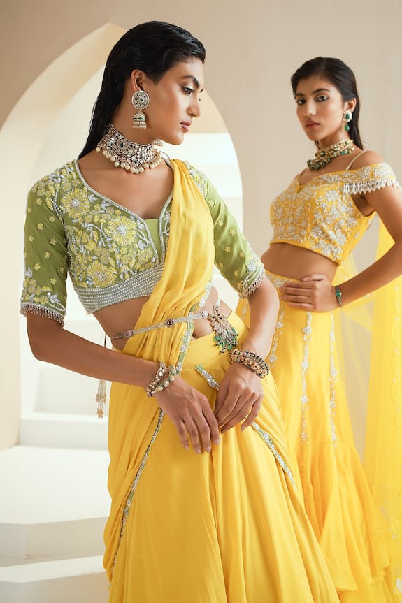 Shop_Seema Thukral_Yellow Georgette Draped Lehenga And Embroidered Choli Set_Online_at_Aza_Fashions