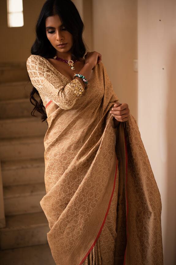 Priyanka Raajiv Beige Silk Brocade Banarasi Saree 3
