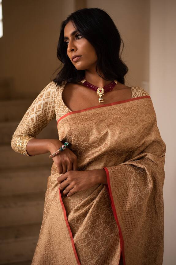 Priyanka Raajiv Beige Silk Brocade Banarasi Saree 4
