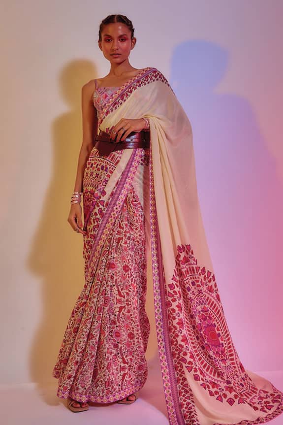 SVA by Sonam & Paras Modi White Crepe Silk Printed Saree With Blouse 0