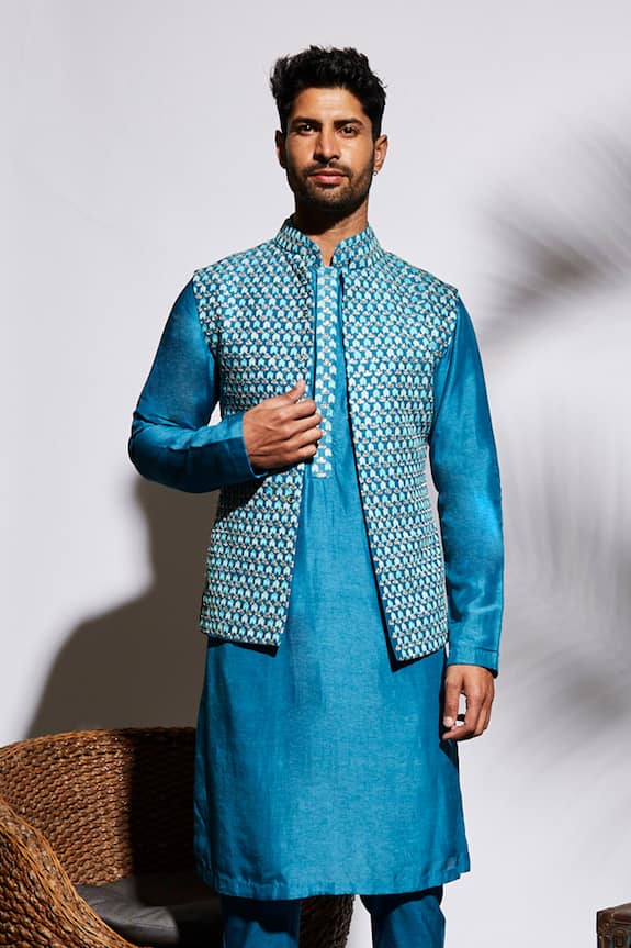 Buy SVA by Sonam & Paras Modi Blue Silk Kurta And Pant Online | Aza ...