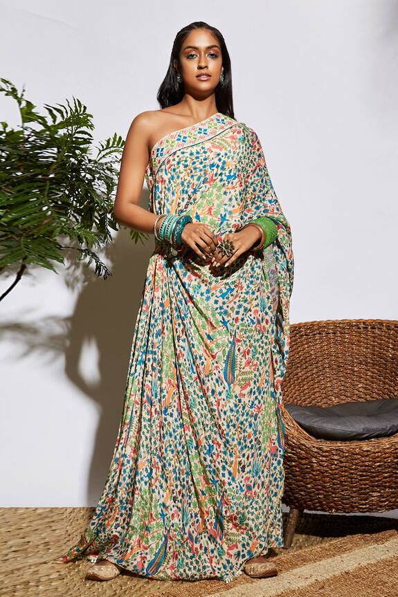 SVA by Sonam & Paras Modi Beige Silk Printed Pre-draped Saree With Pant 0
