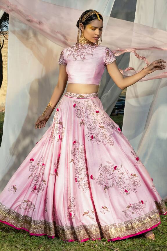 Tisha Saksena Pink Raw Silk Embroidered Lehenga Set 0