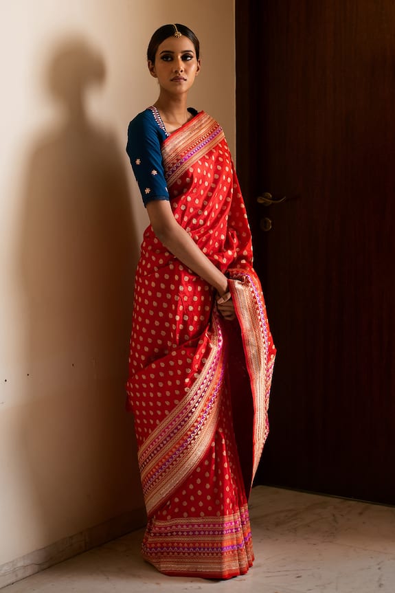 Priyanka Raajiv Red Silk Brocade Banarasi Saree 1