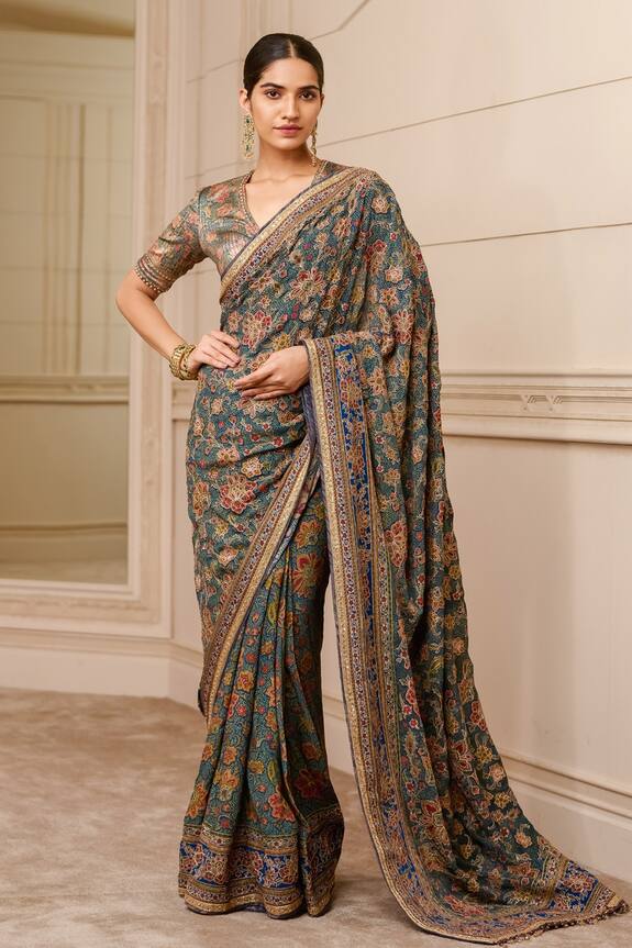Tarun Tahiliani Multi Color Floral Pattern Saree With Printed Blouse 0