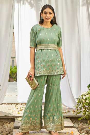 Olive Greenembroidered Short Kurta And Frill Sharara With Mukaish Net Dupatta main image 1