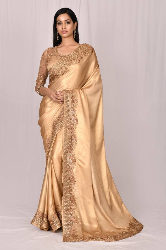 Samyukta Singhania Beige Silk Embroidered Lace Saree Set 1
