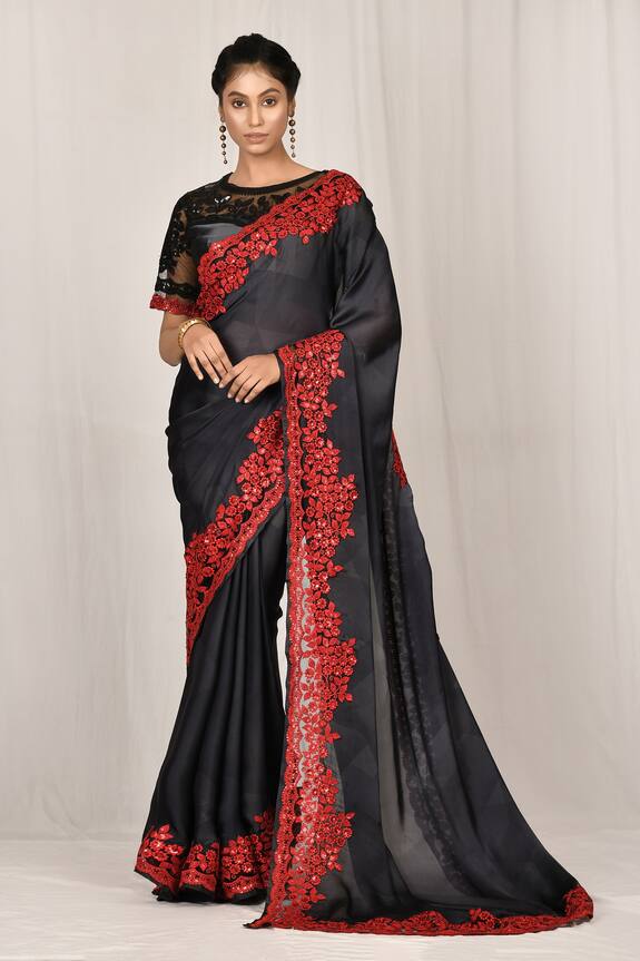 Samyukta Singhania Black Silk Embroidered Lace Saree Set 1